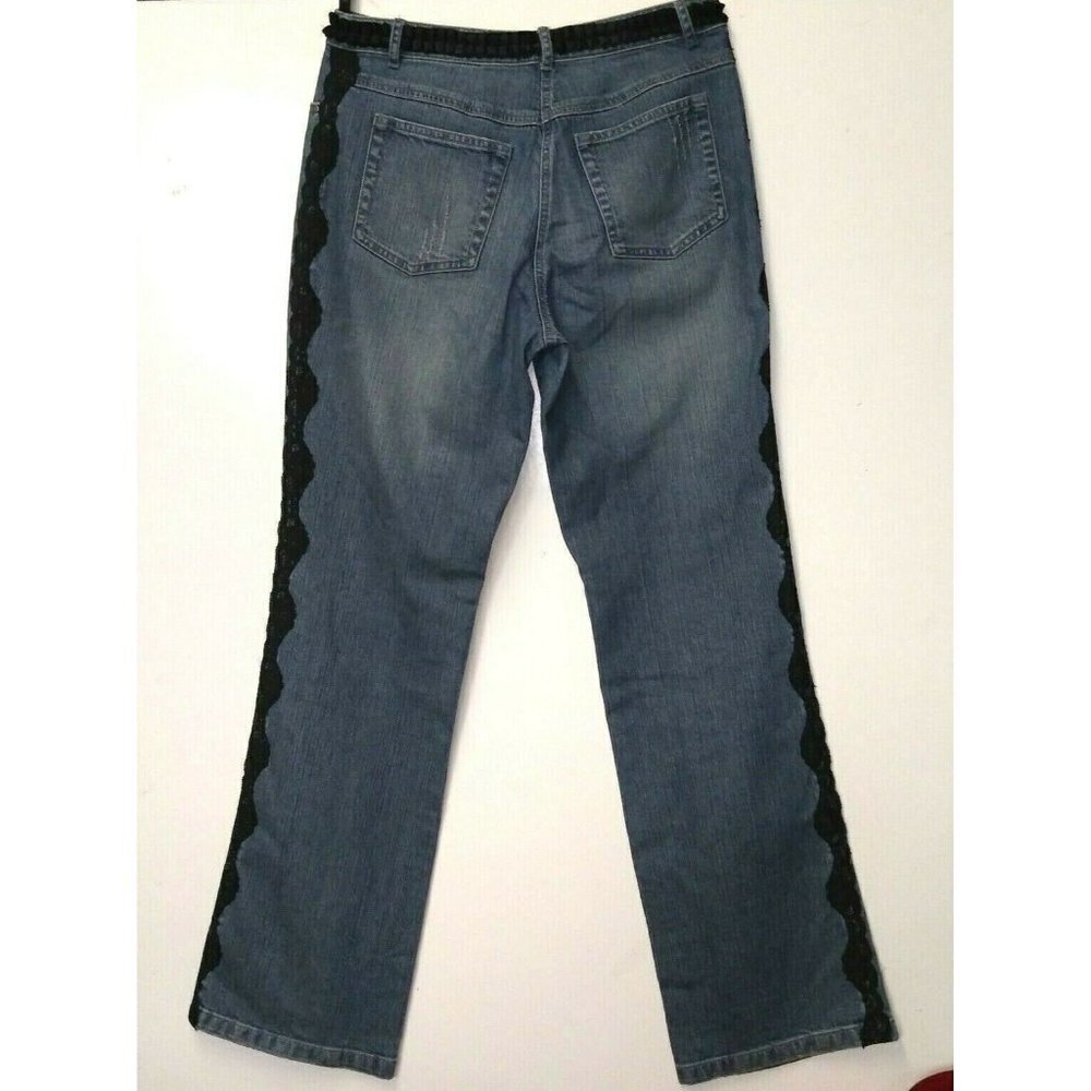 Womens jeans 30x33 stretch Black Lace trim DOJO Y2K style distressed